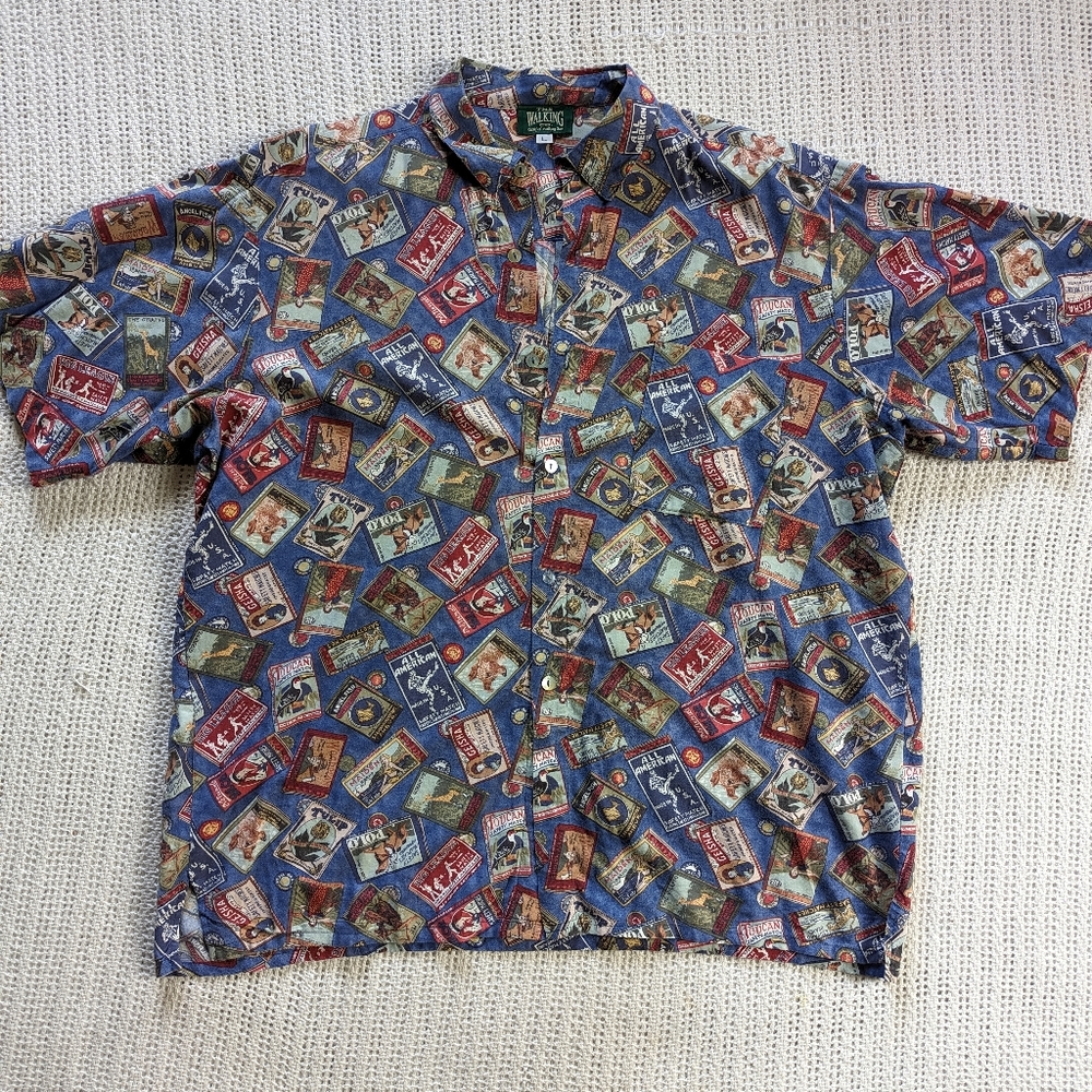 The Walking Co Shirt Mens Large VTG Art Travel Matchboxes Short Sleeve Button Up